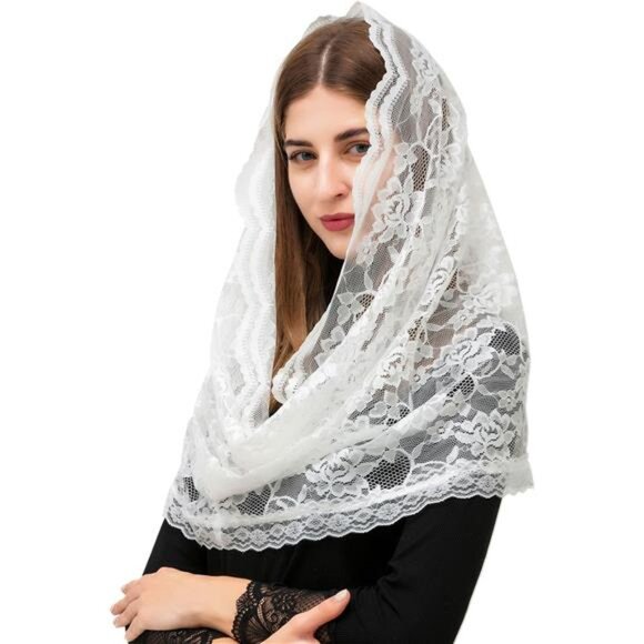 PAMOR Infinity Chapel Veil Floral Latin Mass Head Covering Lace Scarf Mantilla - Picture 4 of 6